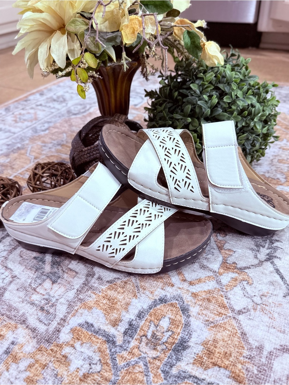 Women's White Slip-On Comfort Sandals with Cutout Detail